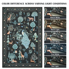 junovo 4X6 Vintage Jungle Animal Print Area Rug, Washable Non-Slip Bedroom Rugs, Soft Low Pile Peacock Floral Carpet for Dining Room Playroom Living (Black)