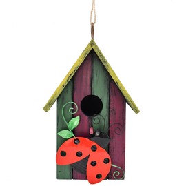 Wooden Decorative Birdhouse Hanging Bird House Hand Painted Birds Box Outdoor Garden Decor Bird Feeder for Finch Hummingbird Cardinals Bluebirds Sparrows Chickadees (Ladybug)