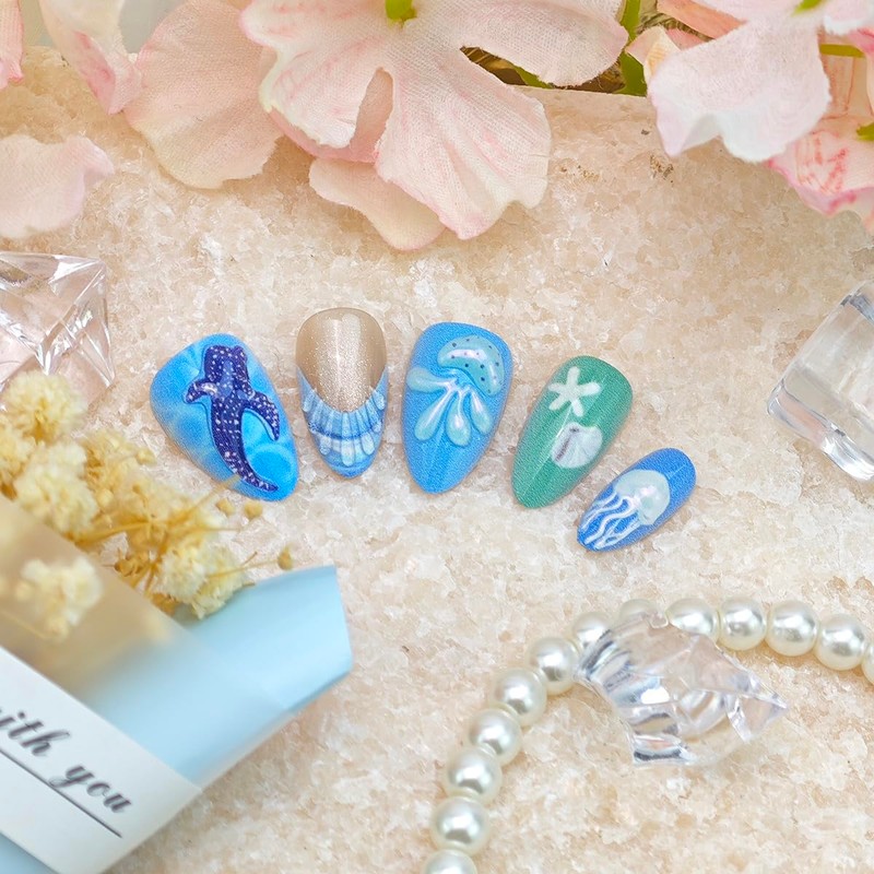 24Pcs Cute Summer Press on Nails Short Almond French Tip