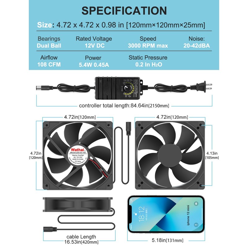 Wathai 120mm x 25mm Waterproof Small Box Fan IP67 12V