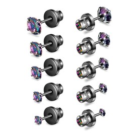 5 Pairs Stud Earrings Set,Hypoallergenic Titanium 316L Stainless Steel 5A Cubic Zirconia Ear Ringing Jewelry for Women Men 2-6mm (Black Rainbow CZ 2-6mm)