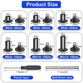 xiaoxiaozhijia Pack of 110 Chicago Screws, M5 Screw Rivet Set, Screw Length 4/5/6/8/10/12 mm, Sleeve Nuts for DIY Leather Decoration, Book Cover, Bags, Shoes and Boots (Gun)