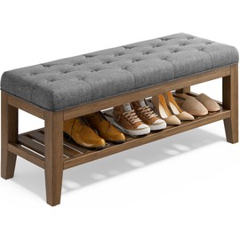 YaFiti End of Bed Storage Bench, 42.9" Entryway Shoe Bench with Solid Wood Shelf, Upholstered Ottoman with Padded Seat for Bedroom, Hallway and Lining Room, Dark Gray