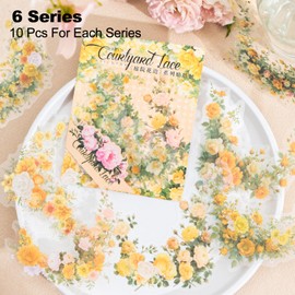 MiyouLuna 60 Pcs Vintage Flower PET Stickers Set, Large Floral Corner Stickers for Scrapbooking, Journaling, DIY Crafts, with Organizer