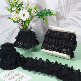 UNICRAFTALE - Cinta de gasa plisada de 4.37 yardas, 3 capas, borde de encaje de organza plisado, 4 pulgadas de ancho, con volantes fruncidos, color negro, ribetes plisados, para costura de tela,