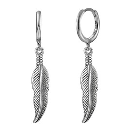 T-ztoss Stainless Steel Punk Drop Dangle Hinged Earrings Feather Gothic Mens Earring Black Huggie Hoop Earrings for Women (Silver-1)