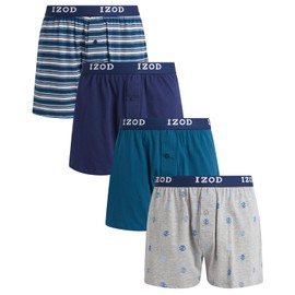 IZOD Men's Boxer Shorts - 4 Pack Classic Knit Underwear Boxers with Functional Fly - Soft Breathable Boxers for Men (M-2XL), Size X-Large, Blue/Blue Print/Medieval Blue/Heather Grey Print