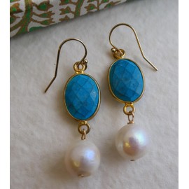 Ohrhänger aus vergoldetem Sterlingsilber mit Türkis und Süßwasser Perle - Natürlicher Edelstein - Geburtstagsgeschenk - Weihnachtsgeschenk - Handgefertigte Geschenkideen für Frauen