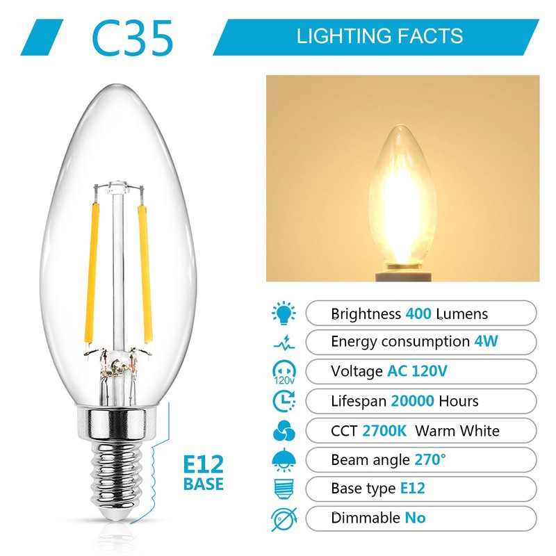 Ascher Classic E12 LED Candelabra Light Bulb 4W, Equivalent 40W,