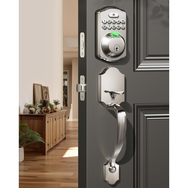 Veise Fingerprint Door Lock Set, Keyless Entry Front Door Handle, Electronic Keypad Deadbolt with Lever Handle, 2 Keys, Auto Lock, Code Door Lock, Easy Installation, Satin Nickel