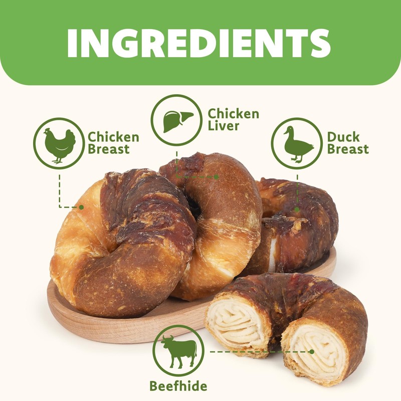MON2SUN Dog Treats, 3-3.5 Inch Triple Flavor Wrapped Rawhide Donuts,