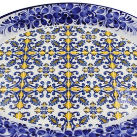 Made in Portugal Ceramic Oval Platter - Traditional Blue and Yellow Tile Azulejo Design with Hand-Painted Floral Border - Elegant Serveware for Dining