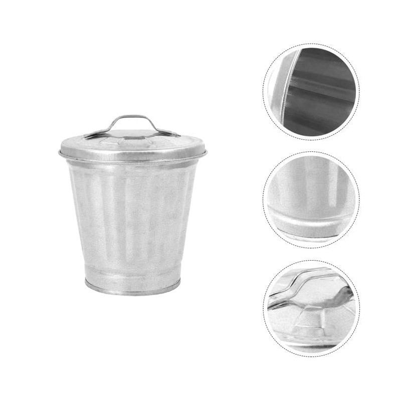 Silver Mini Galvanized Metal Trash Can with Lid, Tabletop Wastebasket,Pen