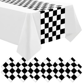 Betylifoy 12 Pcs Black and White Checkered Table Runner 14" x 108" Disposable Plastic Table Runner Race Car Theme Flag Table Runner for Two Fast Birthday Racing Wedding Party Decor