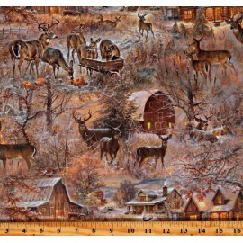 Northcott Cotton First Frost Cabins Barns Deer Winter Brown Fabric Print by Yard D510.72