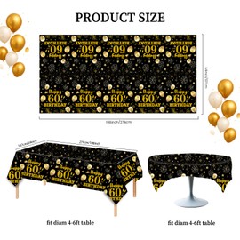 HFBOBP 2 Pack 60th Birthday Tablecloths,54 x 108 inch Disposable Black and Gold Plastic Waterproof Rectangular Table Covers for Men’s Christmas Party Decorations