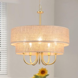 5-Light Boho Chandeliers for Dining Room, 18" Gold Modern Chandelier with Linen Shade, Large Drum Pendant Light, Hang Lighting Fixture Farmhouse 2-Tier Chandelier for Foyer Entryway Living Room