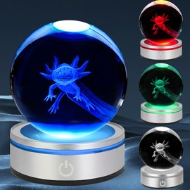 3D Axolotl Crystal Ball Night Light With LED Colorful Light Touch Base 3.15 In Glass Ball Lamp for Birthday Christmas, Cool Toy Gift for Boys Girls Kids Axolotl Figurines Home Decor
