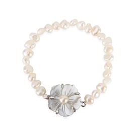 LGSY White Beaded Pearls Bracelet for Women, Shell Flower Clasp Freshwater Baroque Pearls Bracelet for Jewelry
