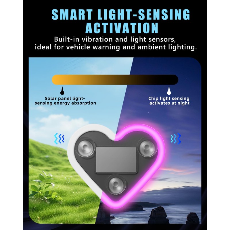 VANKUB 2PCS Solar-Powered Car Heart Lights, 5-Mode Wireless LED Ambient