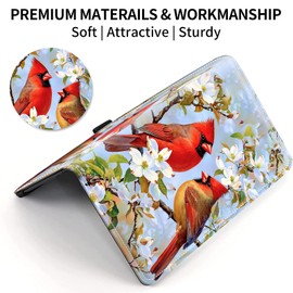 Leather Checkbook Covers for Personal Checkbook Check book Holder Cover Wallets for Women Men,RFID-Blocking Slim Checkbook Cover for Duplicate Checks with Elastic Strap,White Flowers Rred Birds