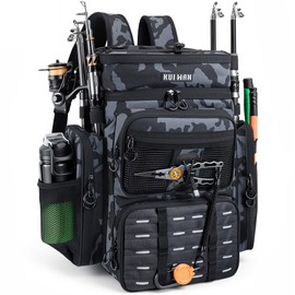 KUI WAN Fishing Backpack with Cooler & 4 Rod Holder, Large 45L Tackle Bag Store Fishing Gear Boxes Gifts for Men Woman-Camo Back Pack