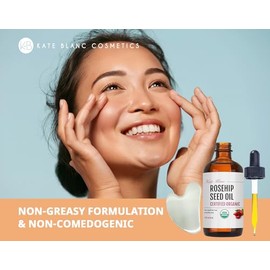 Kate Blanc Cosmetics Aceite de rosa mosqueta para cara con Gua Sha inoxidable (1 oz, orgánico, puro, prensado en frío), aceite facial de semillas de r