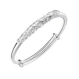 GAUEIOUR Sterling Silver Bangle Bracelets for Women,Peacock Pure Silver Bracelet Female,Smooth Face Round Belly Push Pull Silver Bracelet,Ethnic Style Silver Bracelet
