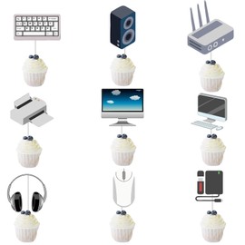 WINPOGEE 36pcs Intelligence Computer Theme Cupcake Topper Decorations Boy Girl Black White Glitter Computer Happy Birthday Decor Party Supplies