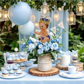 Sitting Royal Prince Centerpiece Set of 3 – Blue Prince Baby Shower Decorations, First Birthday Prince Theme (Brunette Boy, 10 inches Tall Centerpieces)