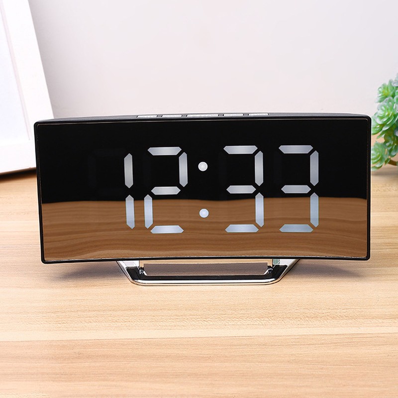 Digital Alarm Clock Mirror Smart Light Sensing Curved Screen LED