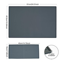 Silicone Coffee Mat 24'' x 16''Coffee Bar Mat with Raised Edge and Detachable Dish and Cup Drying Mat For Kitchen Countertop Coffee Bar Accessories Coffee Maker Machine Mat (Gray, 24''x16'')
