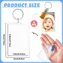 Henoyso 6 Sets Christmas Clear Acrylic Photo Frame Keychain with Tassels, Insert Ornament Mini Picture Keychain Xmas Stocking Gifts (2.2x1.6 Inch)