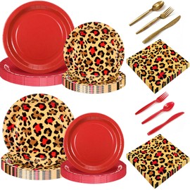 Uiifan 144 Pcs Red Cheetah Print Party Supplies - Disposable Leopard Birthday Themed Tableware Set for 24 Guests with Plate Plastic Spoons Forks Knives Napkins, Jungle Animal Birthday Cheetah Theme