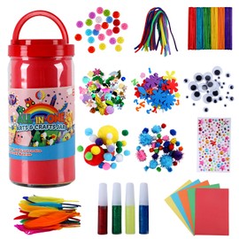 Arts and Crafts Supplies Kit for Kids- 550+ DIY Art Kit with Glitter Glue, Gem Stickers, Pompoms & Tools in Storage Jar Portable Travel Crafts for Ages 4+ Birthday, Christmas Gift for Girls & Boys