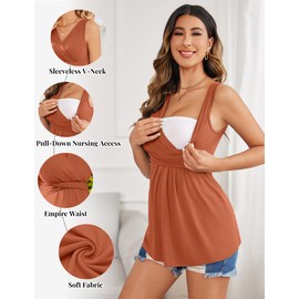 Ekouaer Maternity Tank Tops for Women 3 Packs Sleeveless Pregnancy Shirts V Neck Breastfeeding Tee Caramel/Grey/Wine Red L