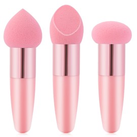 Oruola 3pcs Pink Beauty Blender,Foundation Sponge for Liquid Makeup with Plastic Handle,Different Shapes of Makeup Applicator Sponge,Multipurpose Mushroom Powders Puff Dry & Wet Use for Powder Cream