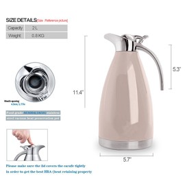 Bonnoces 68 Oz Stainless Steel Thermal Carafe - Double Walled Vacuum Insulated Thermos/Carafe with Lid - Coffee/Tea Carafe Heat & Cold Retention - 2 Liter Pink