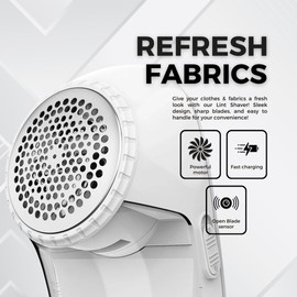 Fabric Shaver, Lint Remover, Rechargeable Lint Shaver with Durable Sharp Blades for Clothes & Upholstery - USB Charging Cable Included - Travel-Friendly & Ergonomic Design - Wants & Needs White Color