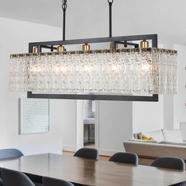 KINGTORO Black Crystal Chandeliers for Dining Room, 35.4" Modern Chandelier for Living Room,Water Ripple Glass Design, Adjustable Height, Rectangle Hanging Light Fixture for Living Room Kitchen Island