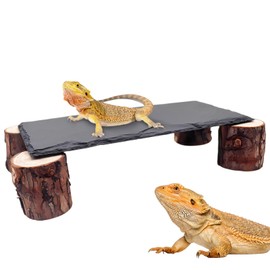Bearded Dragon Basking Platform, Slate Rocks for Reptiles with Wooden Pile, Leopard Gecko Hides and Caves, Reptile Tank Accessories for Bearded Dragons, Geckos, Ball Pythons, Tortoise