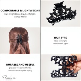 Parcelona French Beau Celluloid Acetate No Slip Sturdy Jaw Hair Claw Clips for Women and Girls (Black 3 1/2")