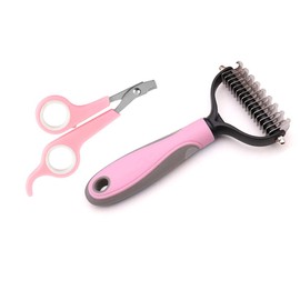 Dog and cat shedding comb, pet grooming rake and brush for small, medium and large dogs - double-sided shedding tool to remove tangles and tangles, with a complimentary pet nail clipper of the same color. (Blue-small) (L, Pink)