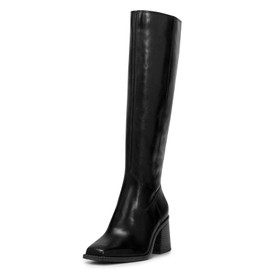 Black Knee High Boots for Women Stacked Leather Boots Square Toe Tall Boots Chunky Block Heeled Long Boots Stacked Zipper Wide Calf Boots