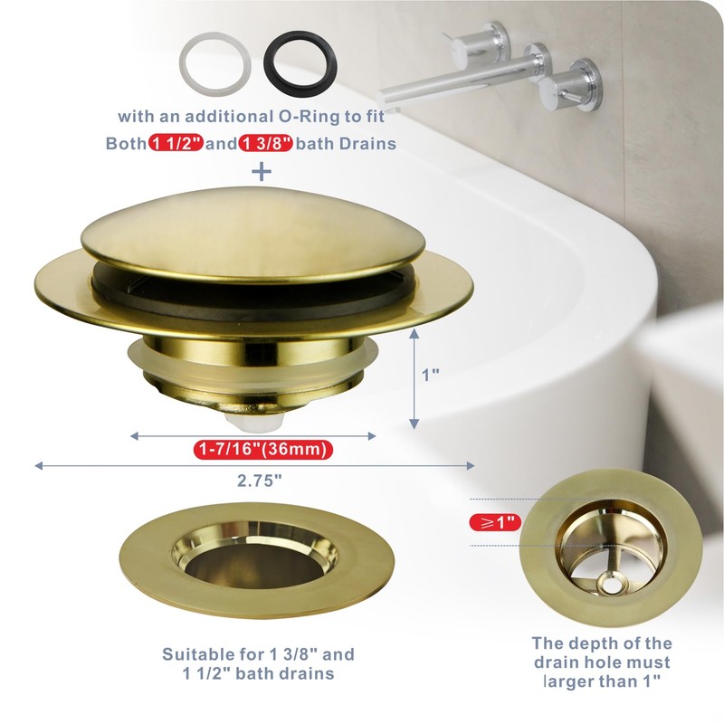 Gold Brushed Tub Drain Stopper,Universal Pop Up Bath Drain Plug