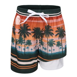 Aisyee Big Boys Swim Trunks with Boxer Brief Liner Swim Shorts for Boys Quick Dry Boards Shorts with Compression Liner Beach Swimwear Black Palm Sunset Size 16/14-16 Years