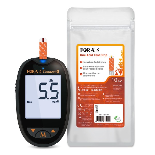 FORA Uric Acid Meter with 10 Test Strips and 10 Lancing Aids in Bundle
