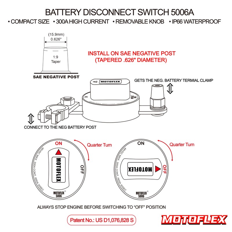 MOTOFLEX Battery Disconnect Switch 12V-48V Top Post Battery Quick Disconnect,