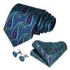 Kerfado 5PCS Mens Silk Teal and Gold Paisley Tie, Pocket