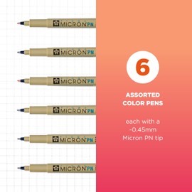 SAKURA Pigma Micron Plastic Nib Pens - Archival Black and Colored Ink Pens - Pens for Writing, Drawing, or Journaling - Black and Assorted Colored Ink - 0.45 mm Plastic Nibs - 6 Pack